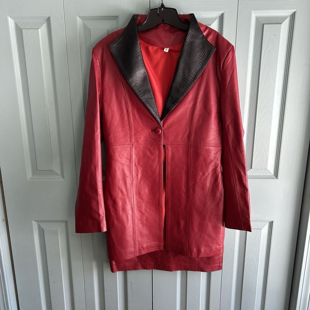 Vintage Womens Red Leather Midi Skirt Blazer Suit Set Medium